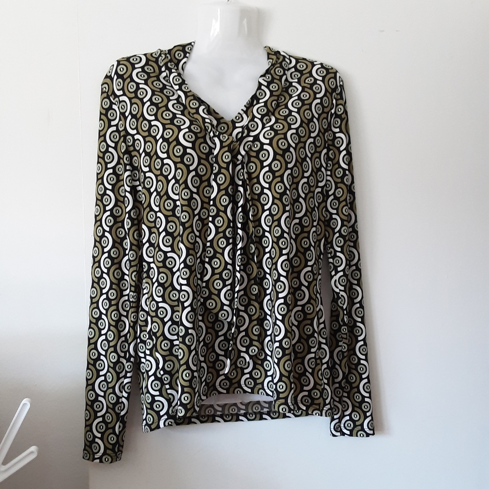 Tahari Tie Neck Geometric Long Sleeve Pullover Top